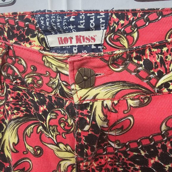 Hot Kiss Skinny Lily Pink Yellow Baroque Leopard Chain Print Jeans Retro Y2K 9 - Picture 5 of 16